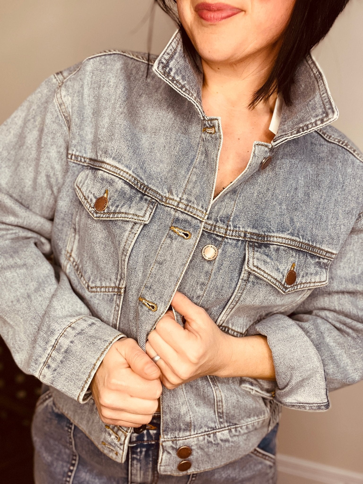 RISEN Full Size Button Down Cropped Denim Jacket - Roaming Gypsy Boutique