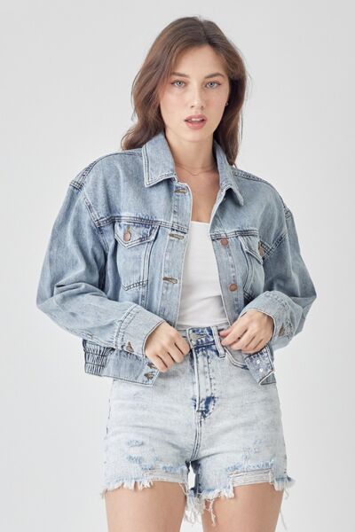 RISEN Full Size Button Down Cropped Denim Jacket - Roaming Gypsy Boutique