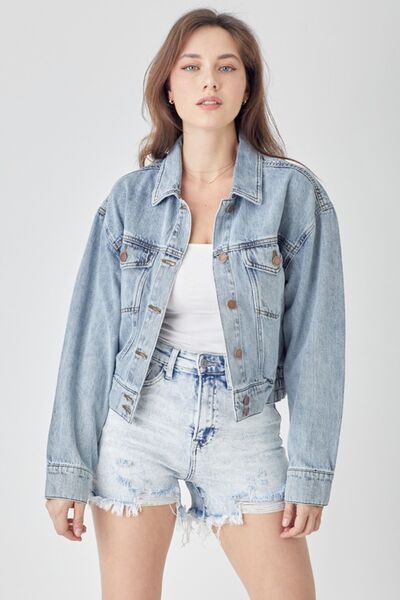 RISEN Full Size Button Down Cropped Denim Jacket - Roaming Gypsy Boutique