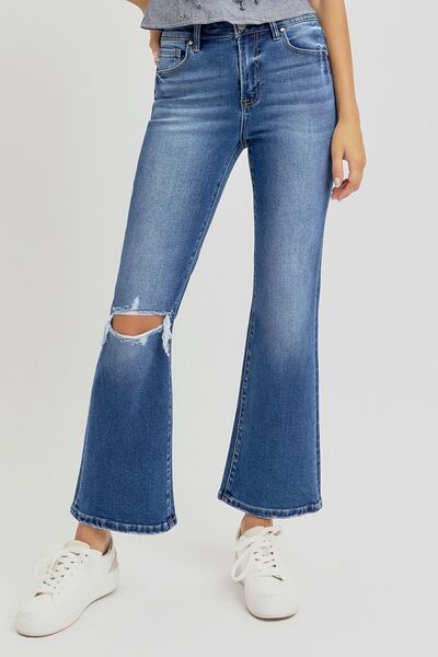 RISEN Full Size Distressed High Rise Crop Flare Jeans - Roaming Gypsy Boutique
