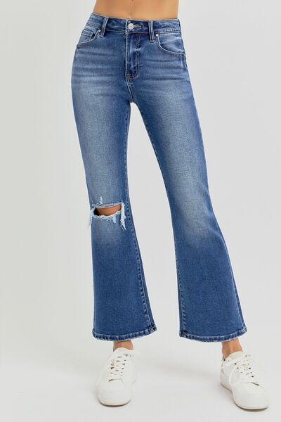 RISEN Full Size Distressed High Rise Crop Flare Jeans - Roaming Gypsy Boutique