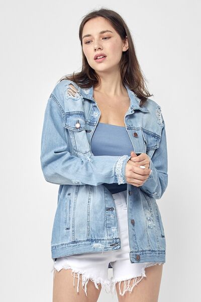 RISEN Full Size Distressed Long Sleeve Denim Jacket Plus Size - Roaming Gypsy Boutique