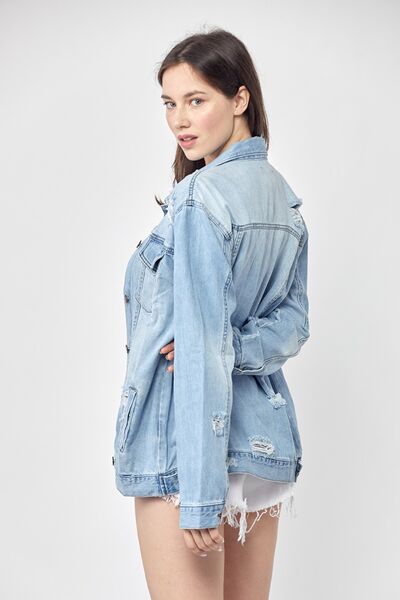 RISEN Full Size Distressed Long Sleeve Denim Jacket Plus Size - Roaming Gypsy Boutique