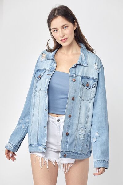RISEN Full Size Distressed Long Sleeve Denim Jacket Plus Size - Roaming Gypsy Boutique