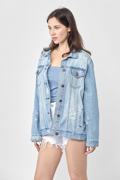 RISEN Full Size Distressed Long Sleeve Denim Jacket Plus Size - Roaming Gypsy Boutique