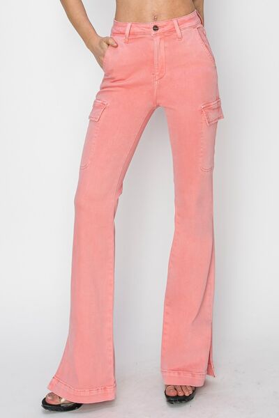 RISEN Full Size High Rise Side Slit Cargo Bootcut Jeans - Roaming Gypsy Boutique