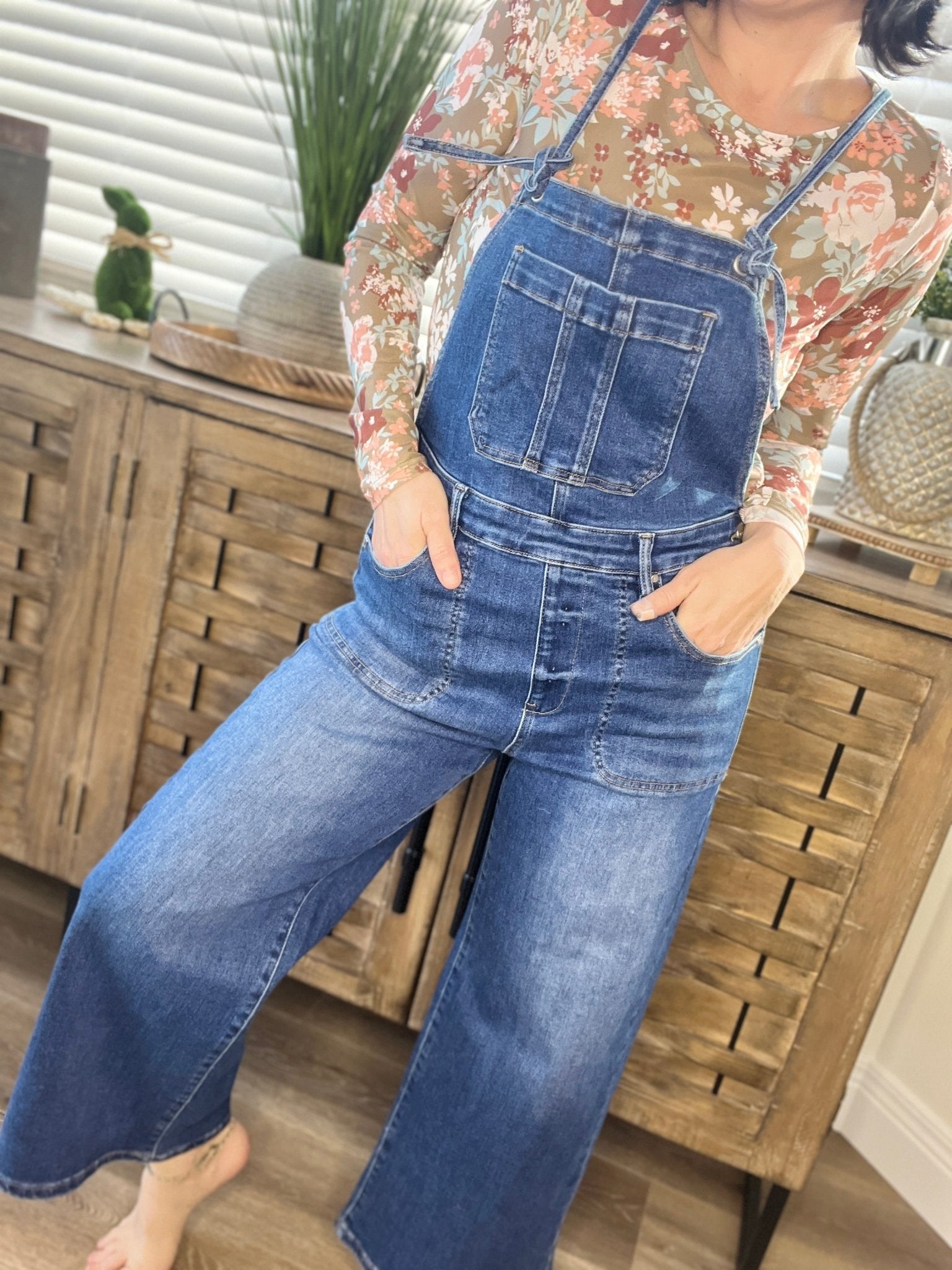 RISEN Full Size Knotted Strap Denim Overalls with Pockets Plus Size - Roaming Gypsy Boutique