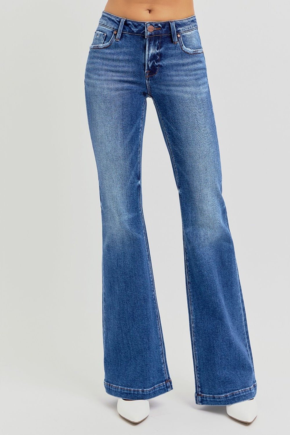 RISEN Full Size Low Rise Flare Jeans with Pockets - Roaming Gypsy Boutique