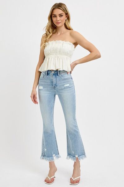 RISEN Full Size Raw Hem Distressed Cropped Flare Jeans Plus Size - Roaming Gypsy Boutique