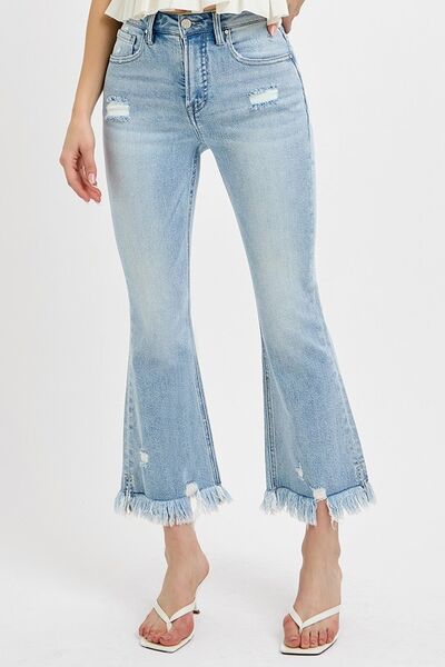 RISEN Full Size Raw Hem Distressed Cropped Flare Jeans Plus Size - Roaming Gypsy Boutique