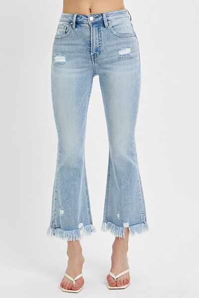RISEN Full Size Raw Hem Distressed Cropped Flare Jeans Plus Size - Roaming Gypsy Boutique