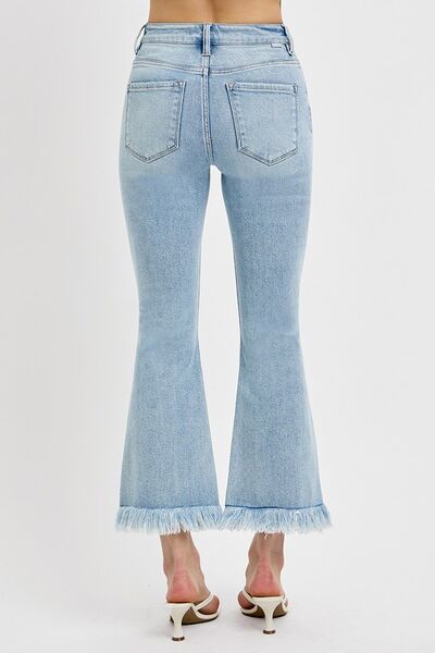 RISEN Full Size Raw Hem Distressed Cropped Flare Jeans Plus Size - Roaming Gypsy Boutique