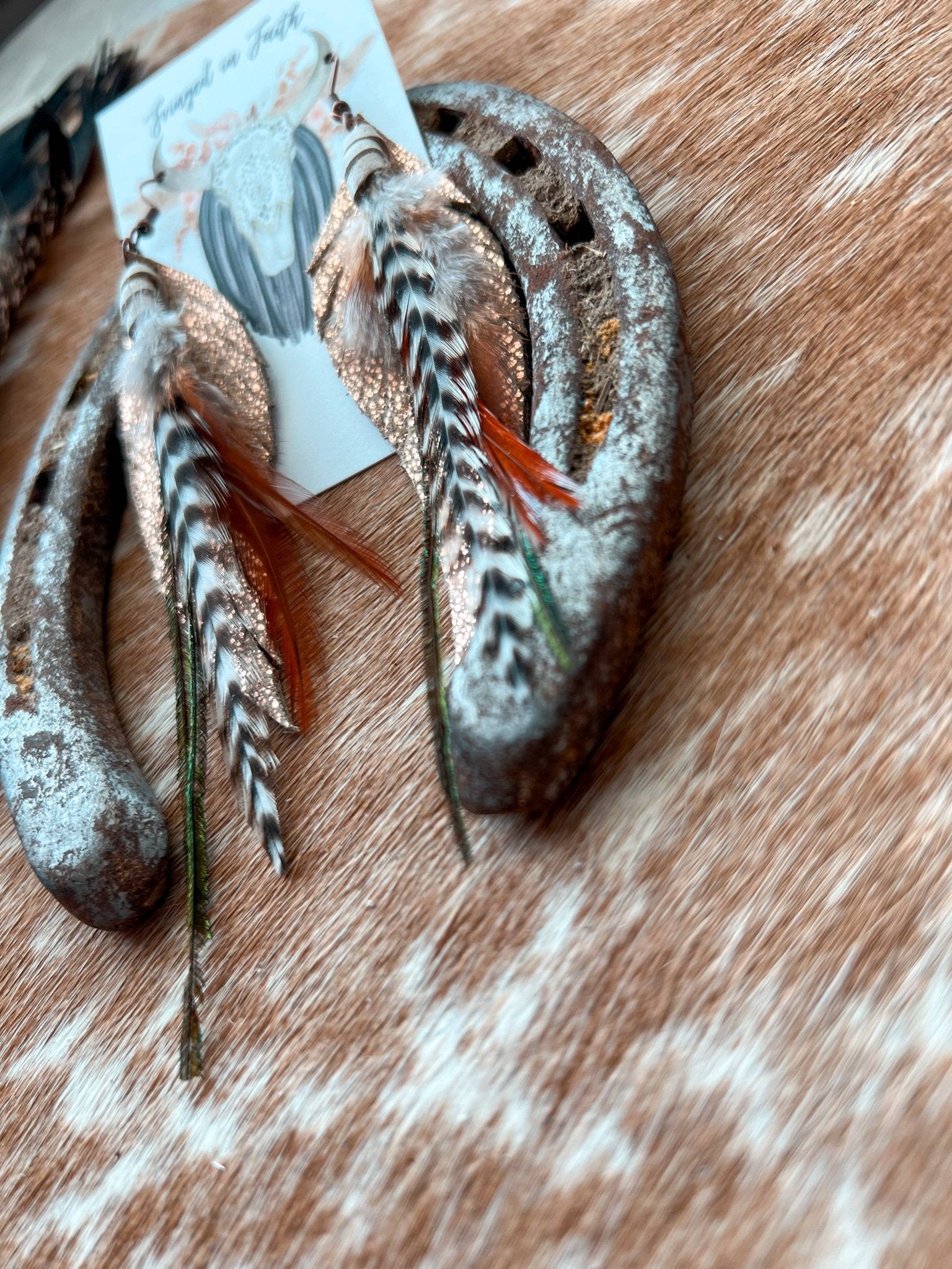 Round Up Feather Earrings | Rose Gold w/ Black & White - Roaming Gypsy Boutique