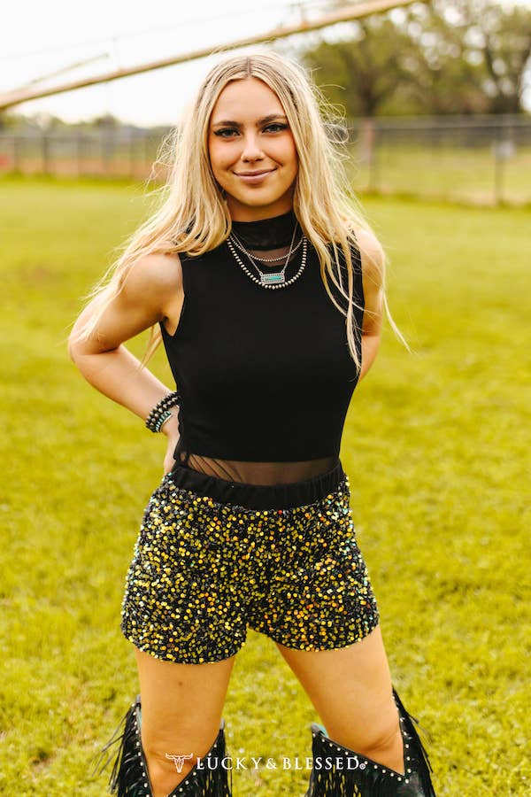 Sequin Black Aces Concert Shorts - Roaming Gypsy Boutique