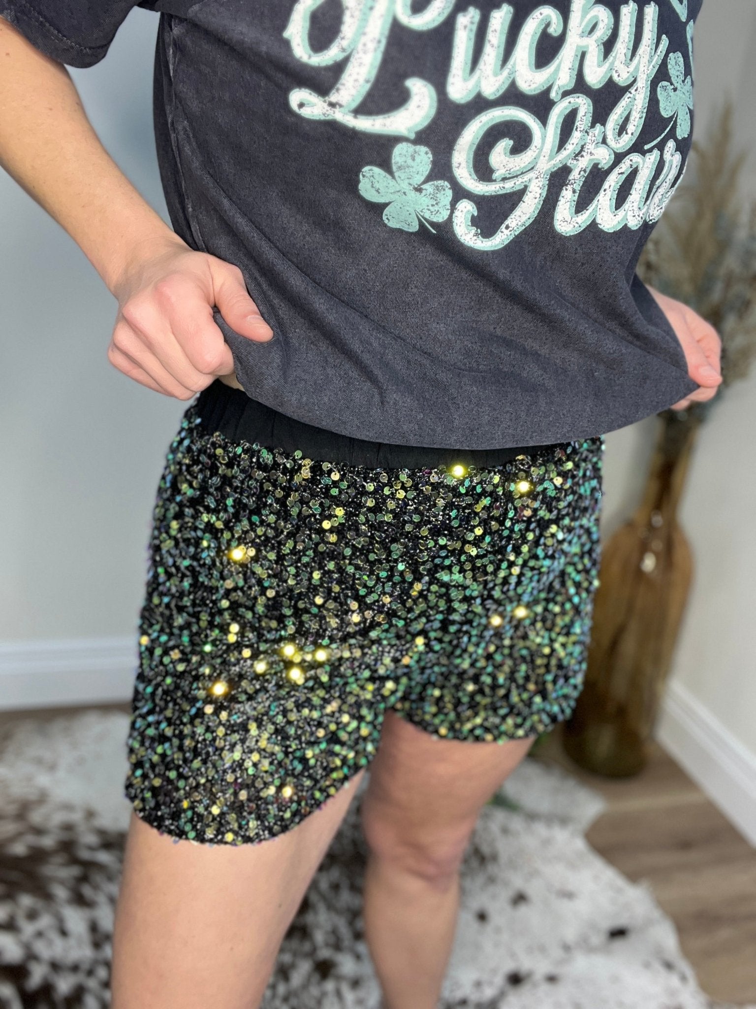 Sequin Black Aces Concert Shorts - Roaming Gypsy Boutique