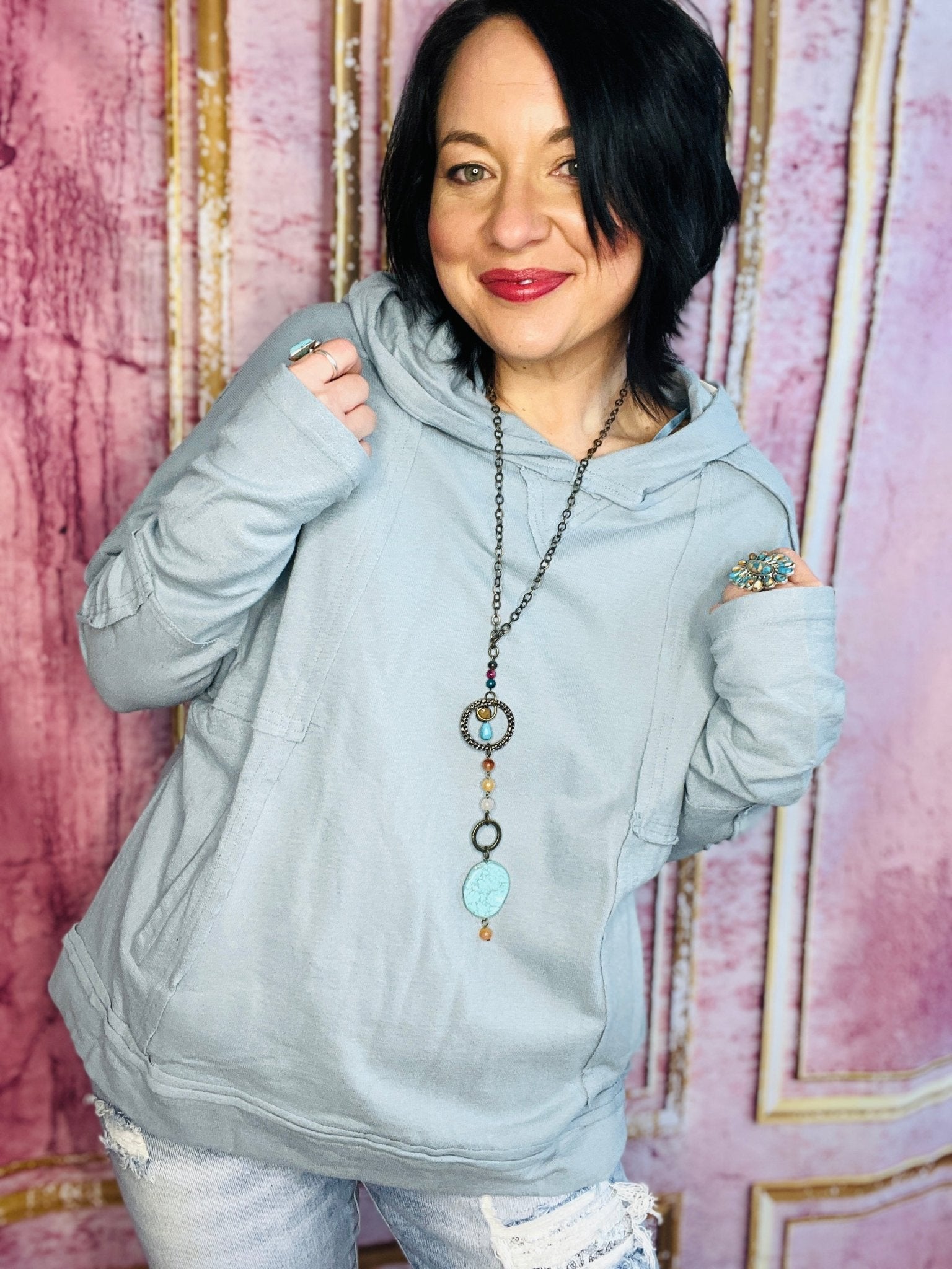 Spring Blue Raw Edge Hoodie - Roaming Gypsy Boutique