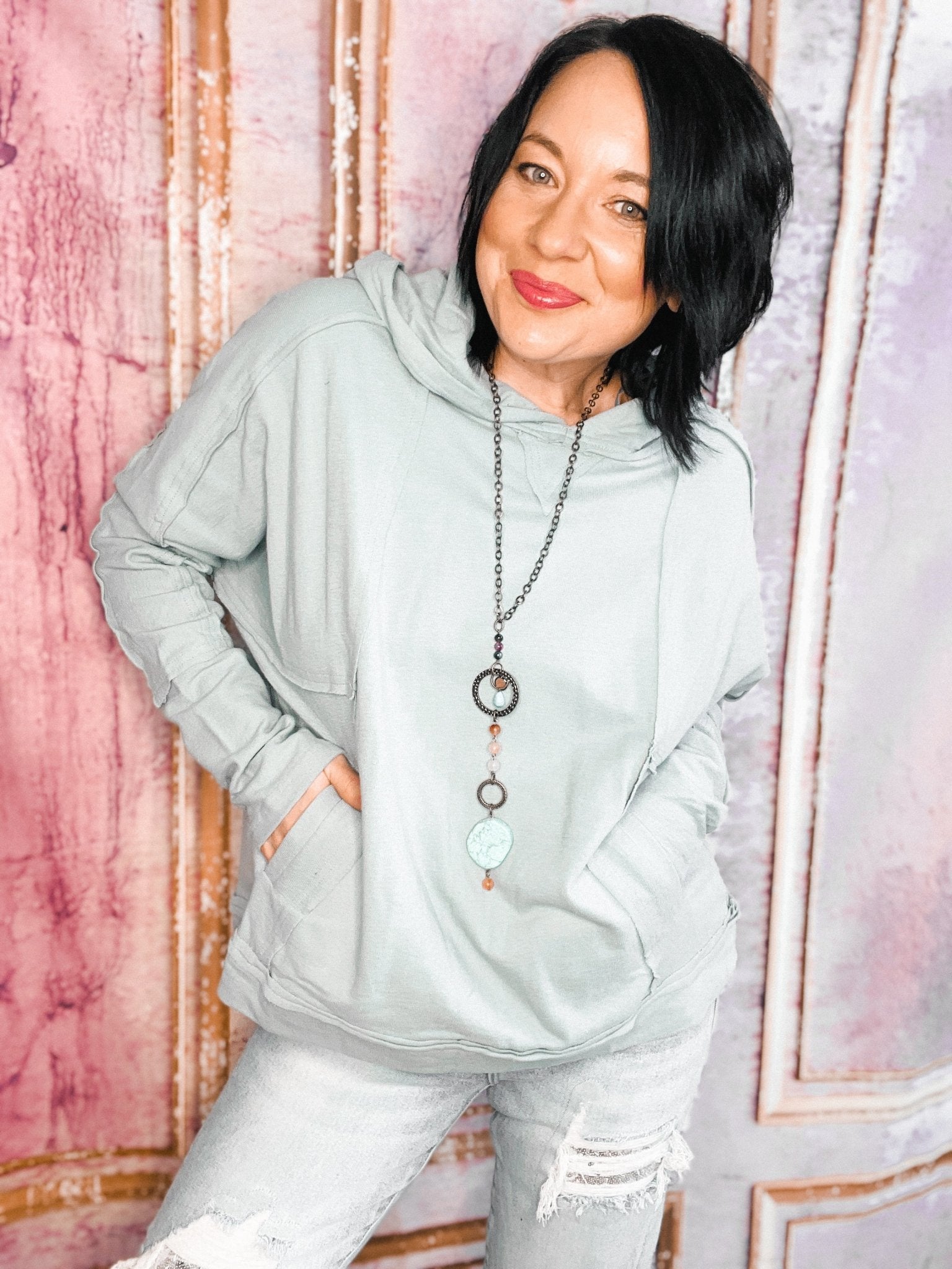 Spring Blue Raw Edge Hoodie - Roaming Gypsy Boutique