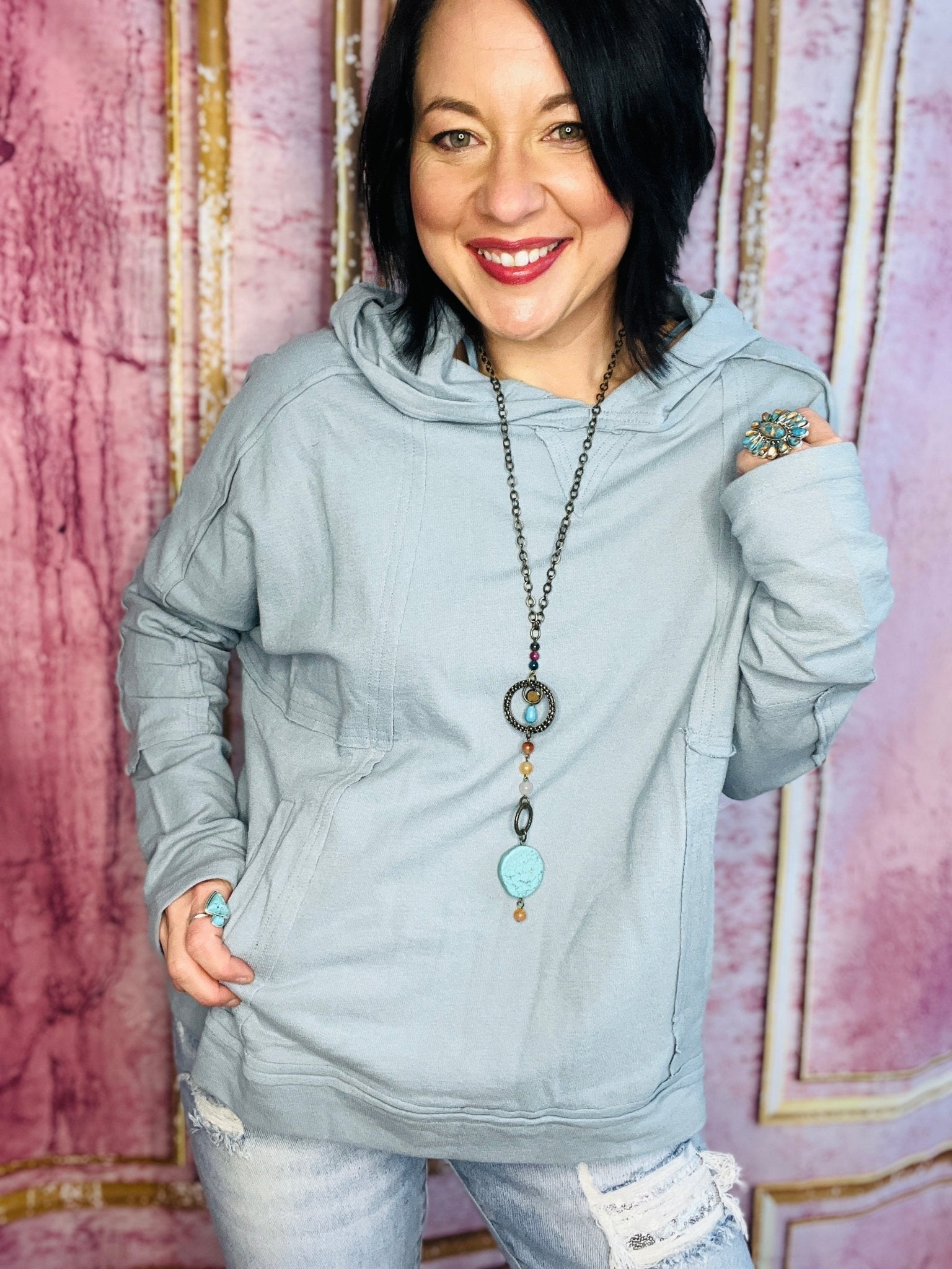Spring Blue Raw Edge Hoodie - Roaming Gypsy Boutique