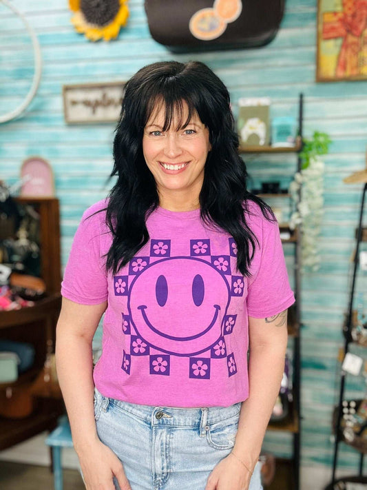 Summer Boho Smiley Tee in Violet - Roaming Gypsy Boutique