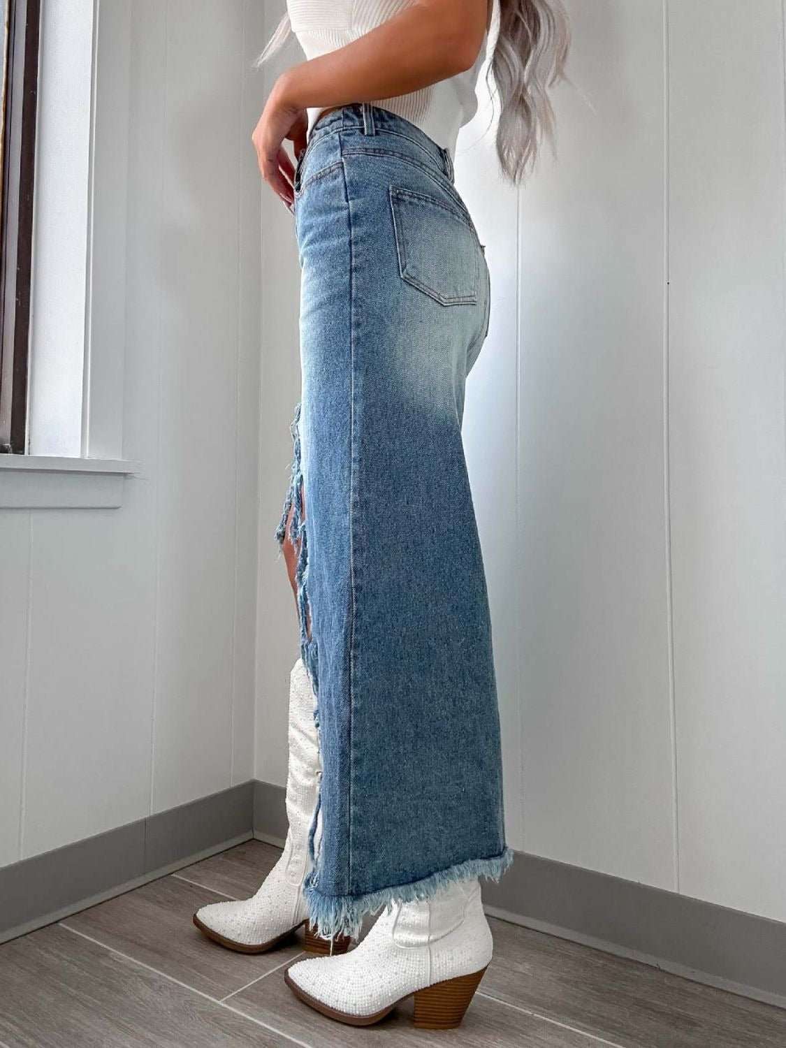 Tulsa Blues Denim Fray Skirt - Roaming Gypsy Boutique