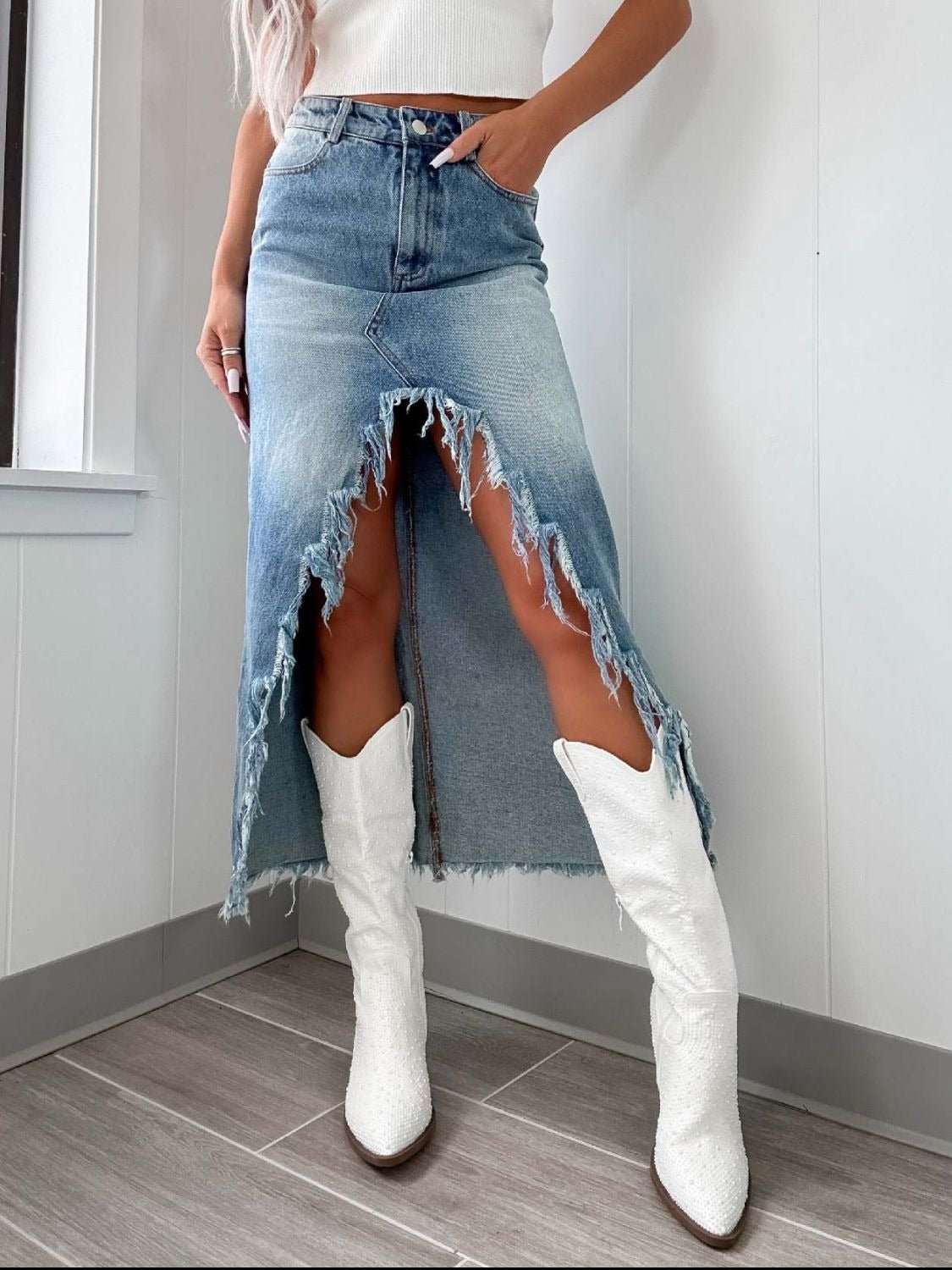 Tulsa Blues Denim Fray Skirt - Roaming Gypsy Boutique