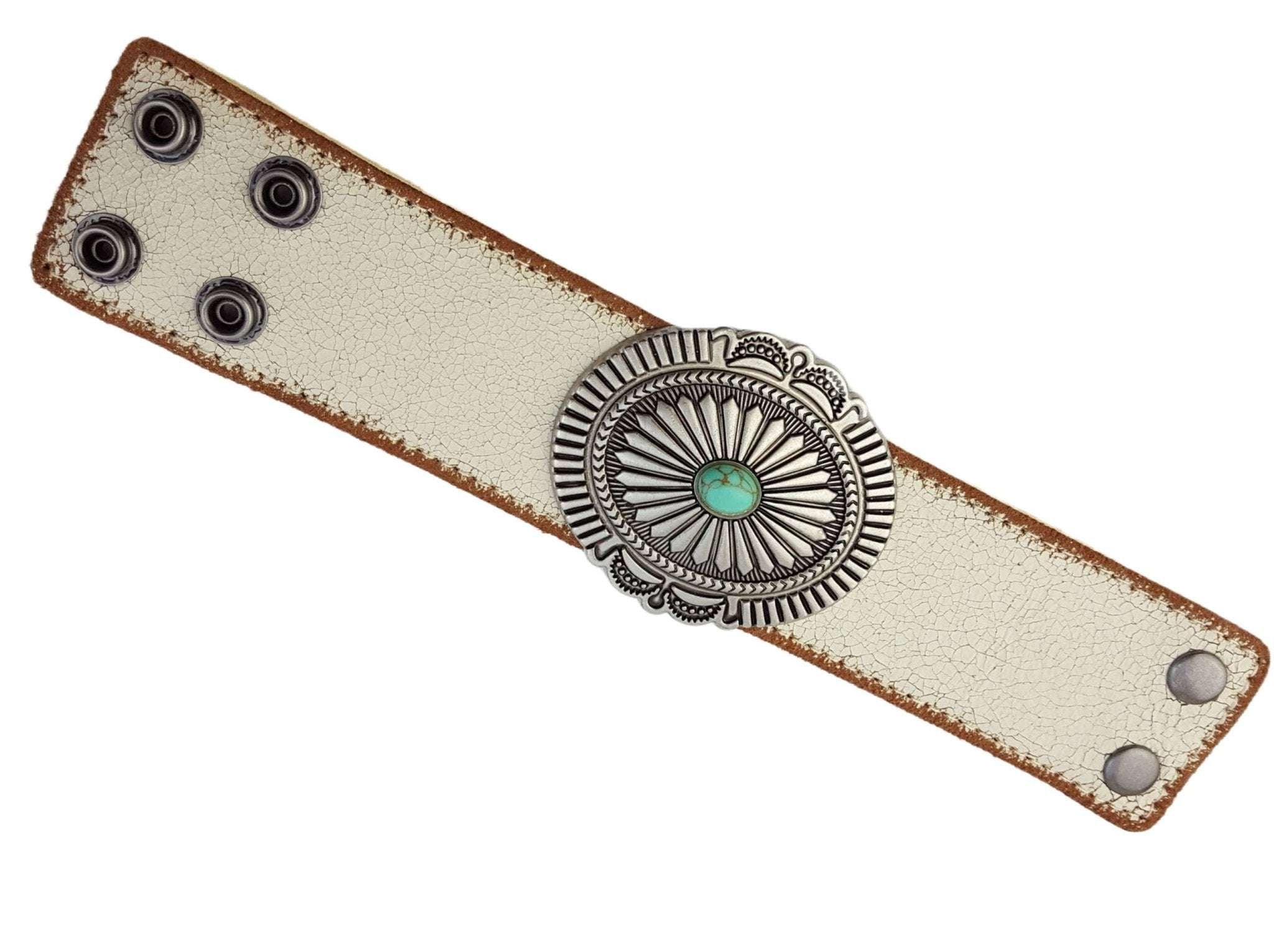 Vintage and Distressed Leather Cuff w. Concho - Roaming Gypsy Boutique