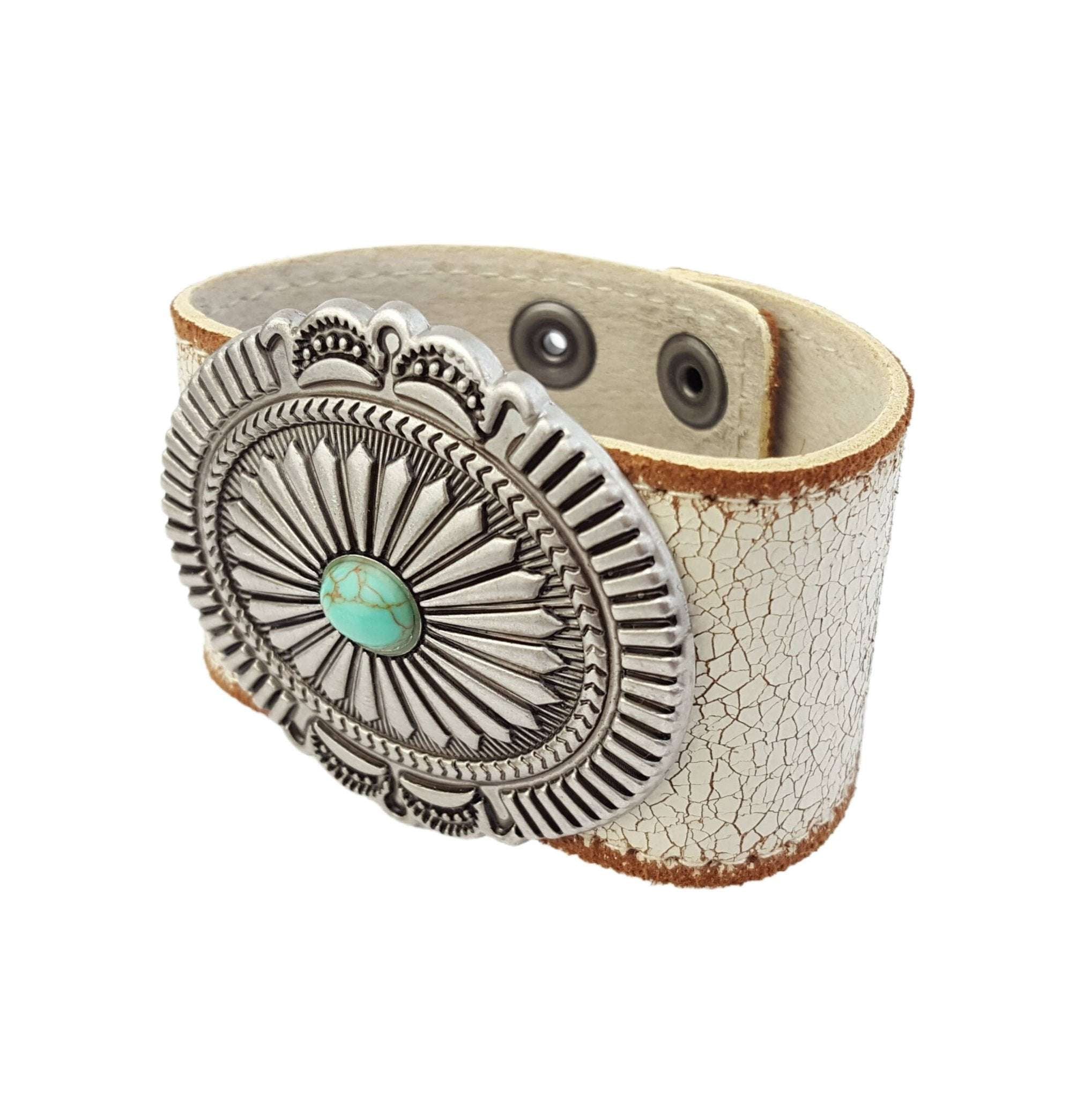 Vintage and Distressed Leather Cuff w. Concho - Roaming Gypsy Boutique