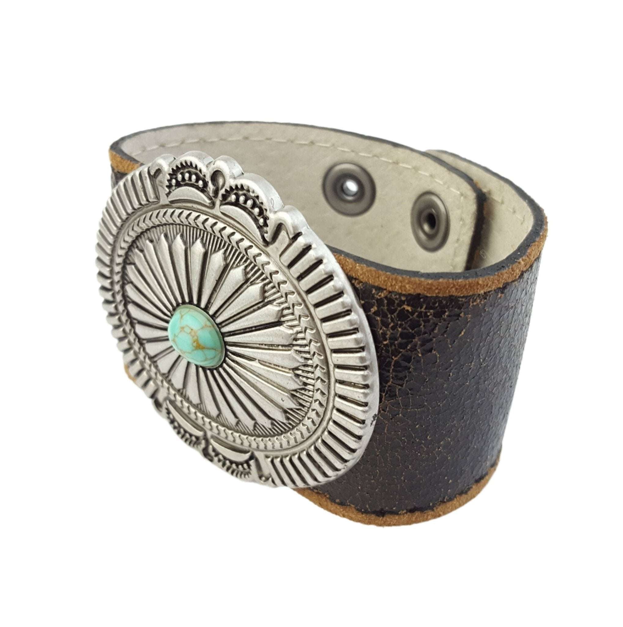 Vintage and Distressed Leather Cuff w. Concho - Roaming Gypsy Boutique