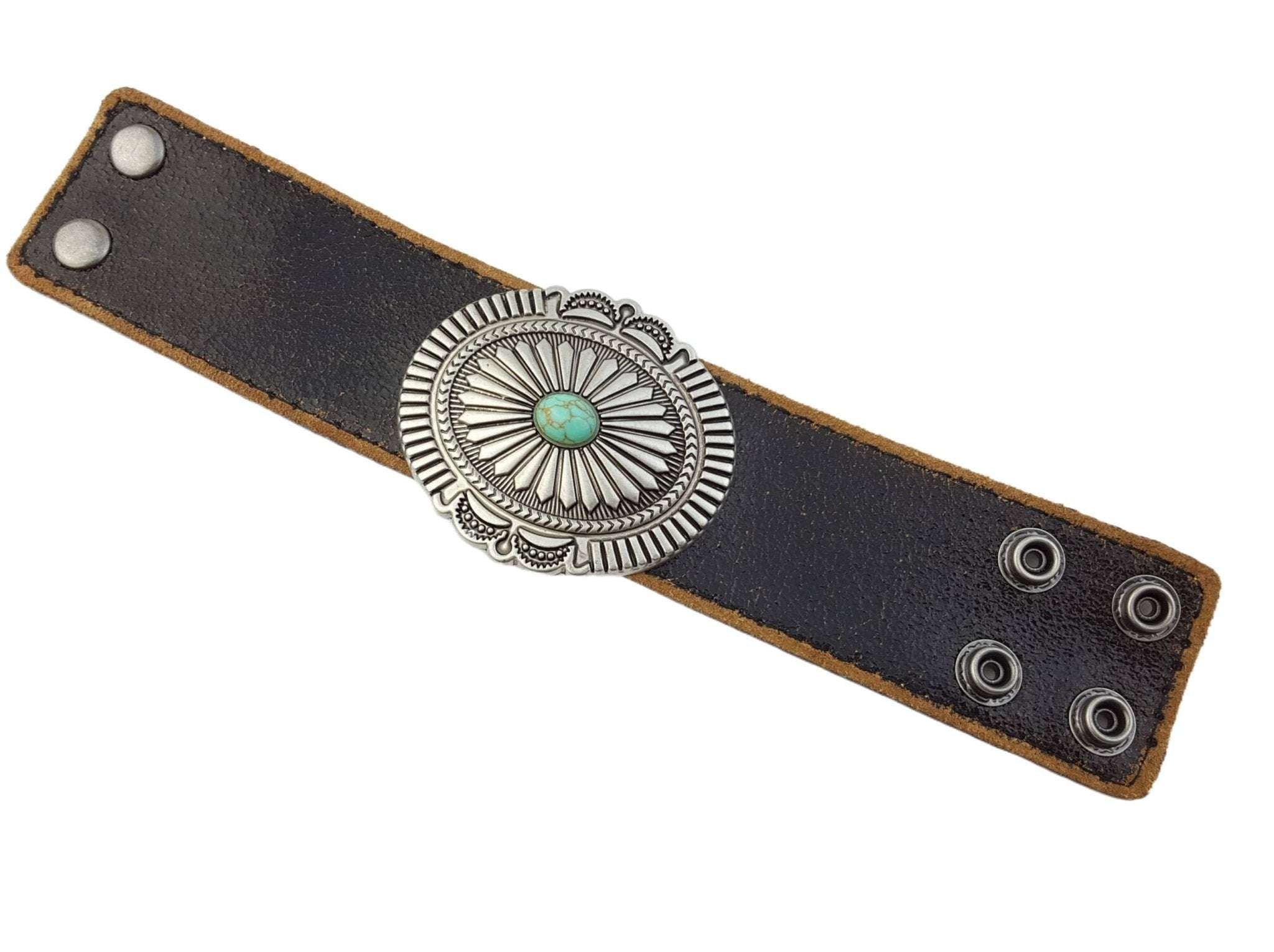 Vintage and Distressed Leather Cuff w. Concho - Roaming Gypsy Boutique