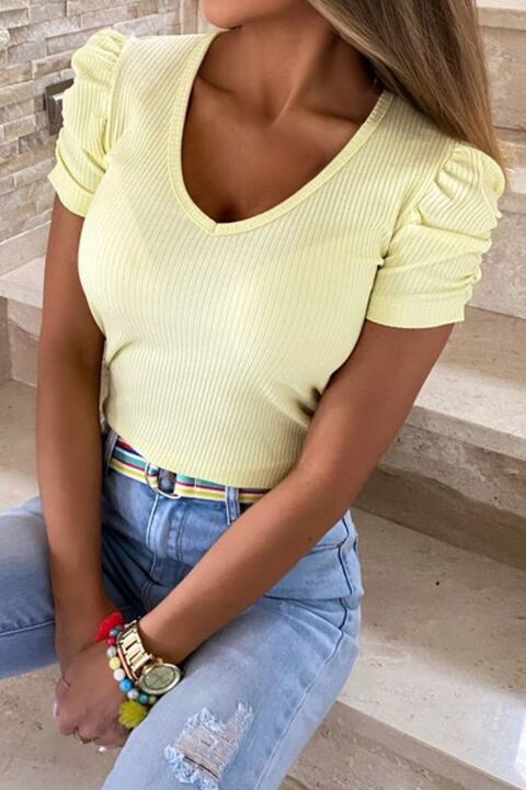 Puff Sleeve V-Neck Ribbed Top